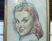 Vintage cutie by Tootie 1940s portrait original colored pencil drawing framed - Free U.S. shipping