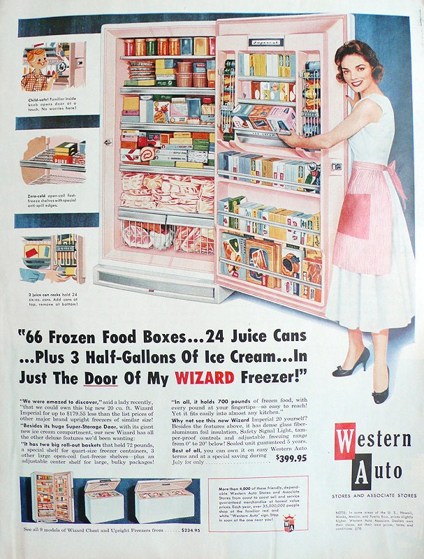1958 ad pink Wizard Freezer by Western Auto frozen food kitchen Mad Men era housewife - Free U.S. shipping