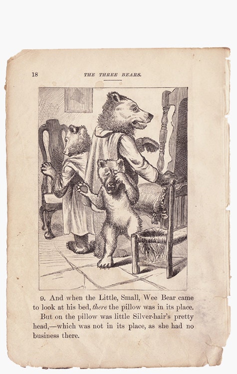 The Three Bears small page from schoolbook antique Victorian illustration - Free U.S. shipping