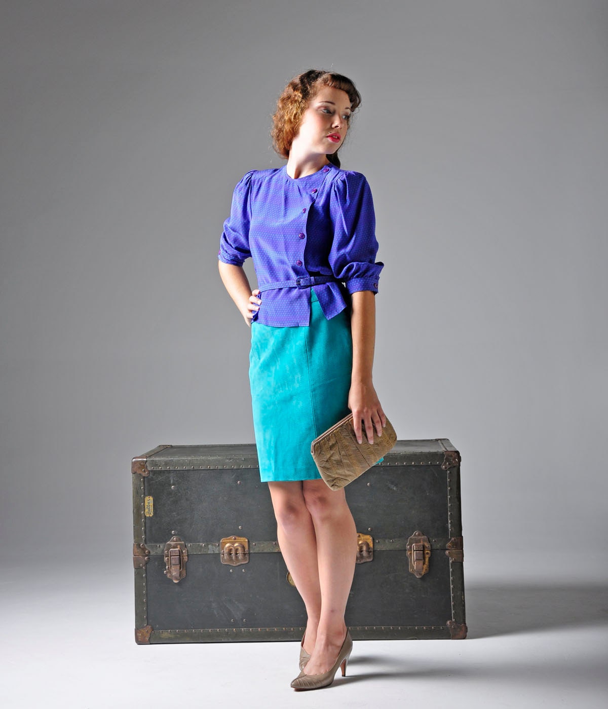 80s Teal Blue Suede Leather Skirt by Silverleaf Sz Medium