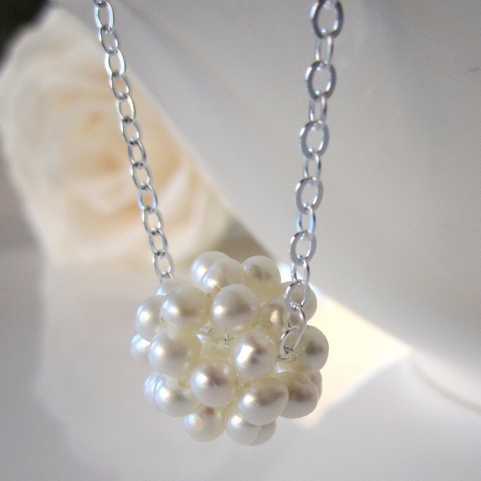 Pearl Ball Necklace, White Freshwater Pearl Necklace, Pearl Cluster on Sterling Silver - Bliss