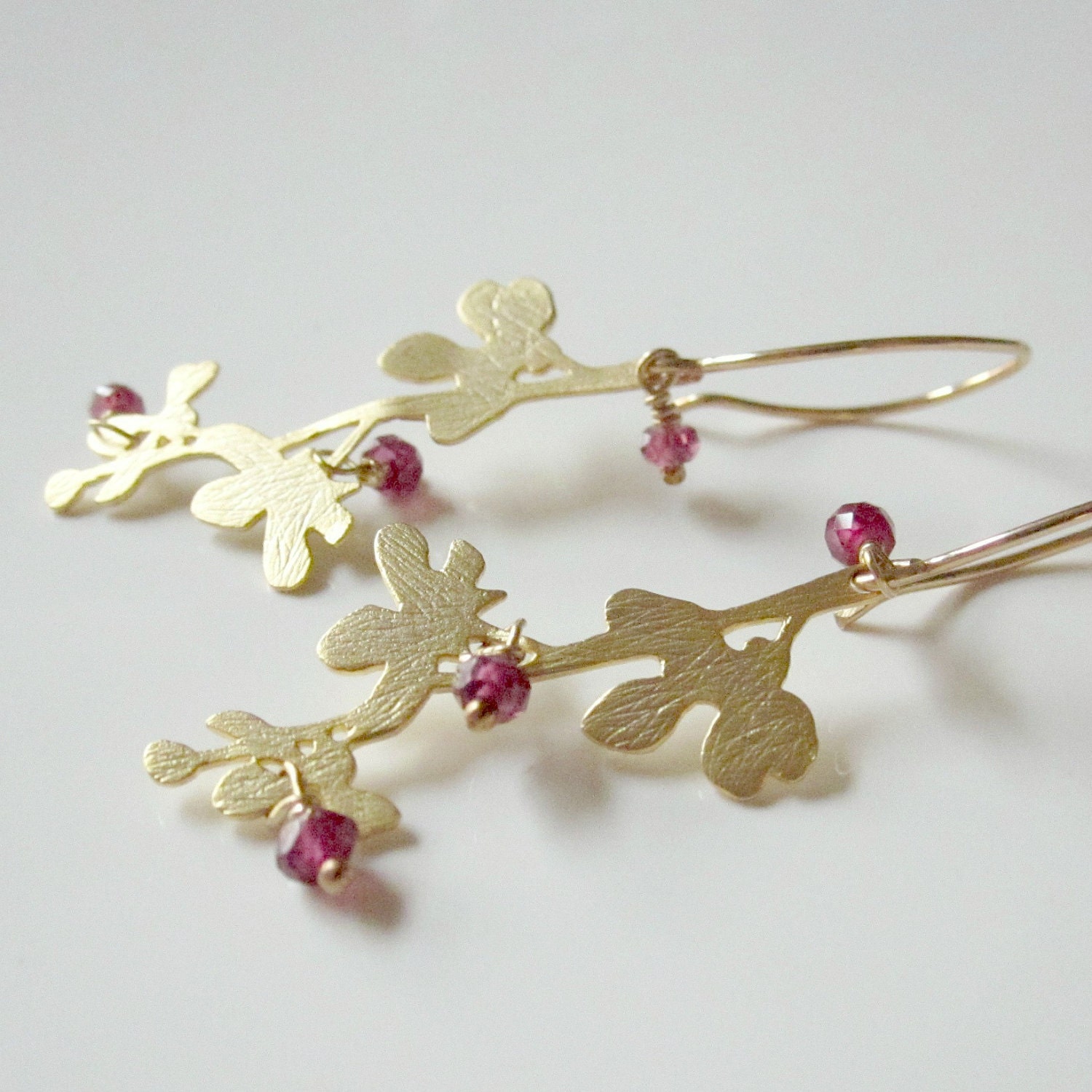 Cherry Blossom Earrings, Gold Earrings, Garnet Earrings, Gold Branch Jewelry