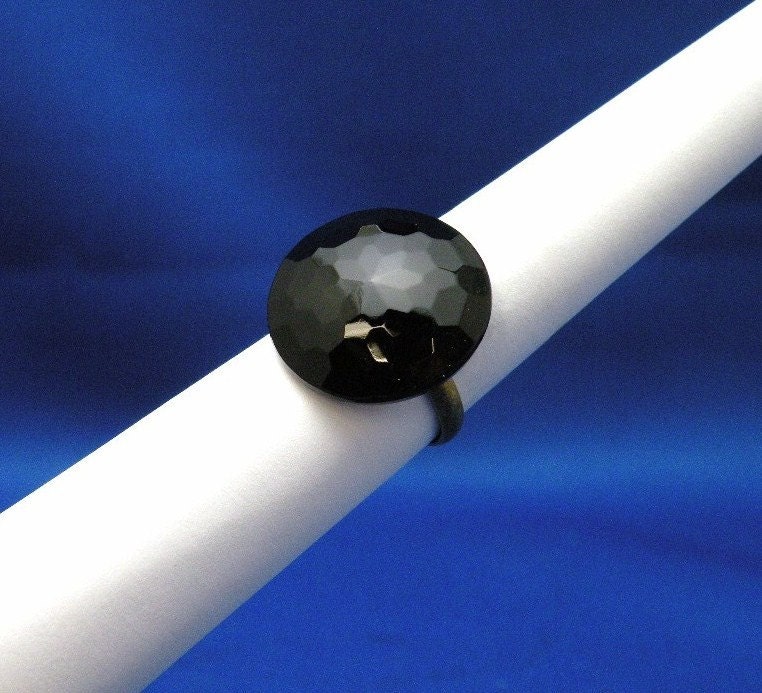 Antique Black Glass Button Ring Goth Victorian Style