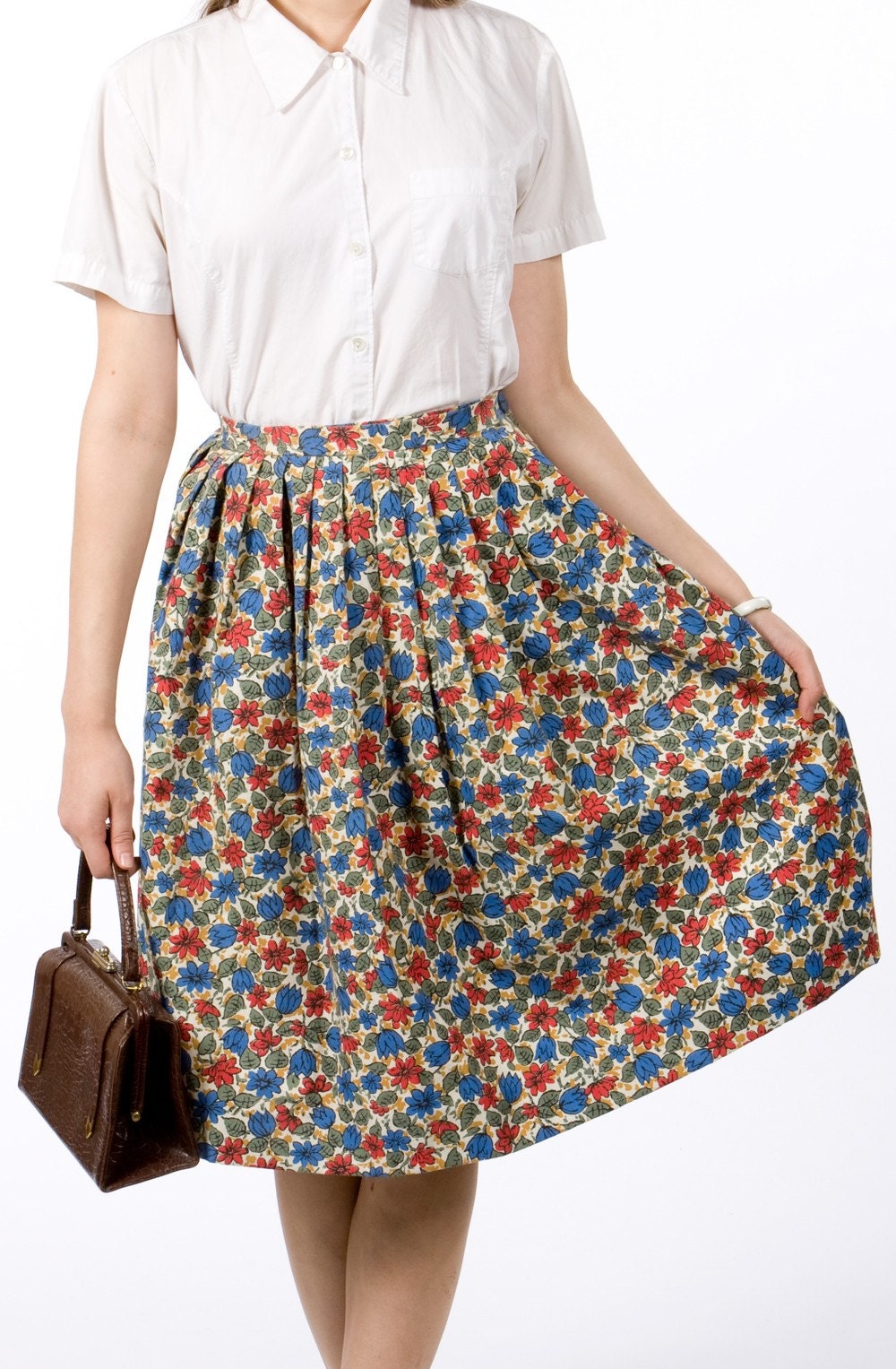 50s High waisted floral print skirt (S-M)
