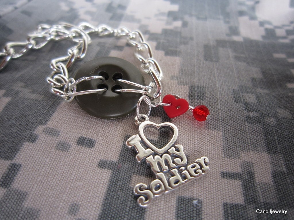 Military Button Bracelet I Love my Soldier Heart Bracelet