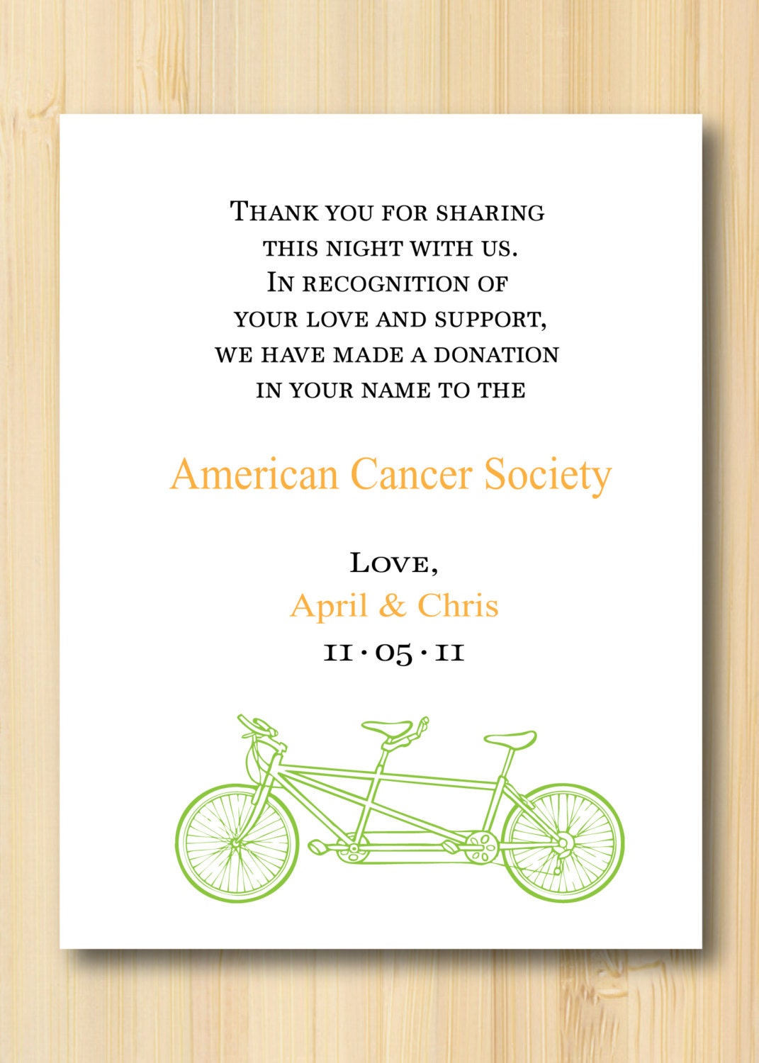 Tandem Bicycle Charity Wedding Favor Card
