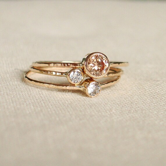 Choose Three Stones for your Sparkling Threads of Gold - Set of Three Tiny Stack Rings with 14k Gold Set Faceted Stones - Delicate