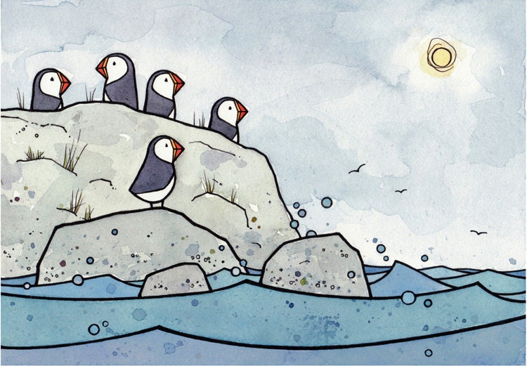 Puffins Bird Illustration Coastal Print 5x7