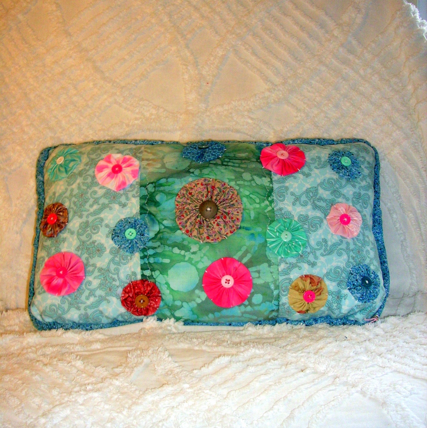Aqua Batik Pillow Handmade Coastal Bedroom Living room Decor Turquiose Pink White Yo yos buttons Cushion Home Decor