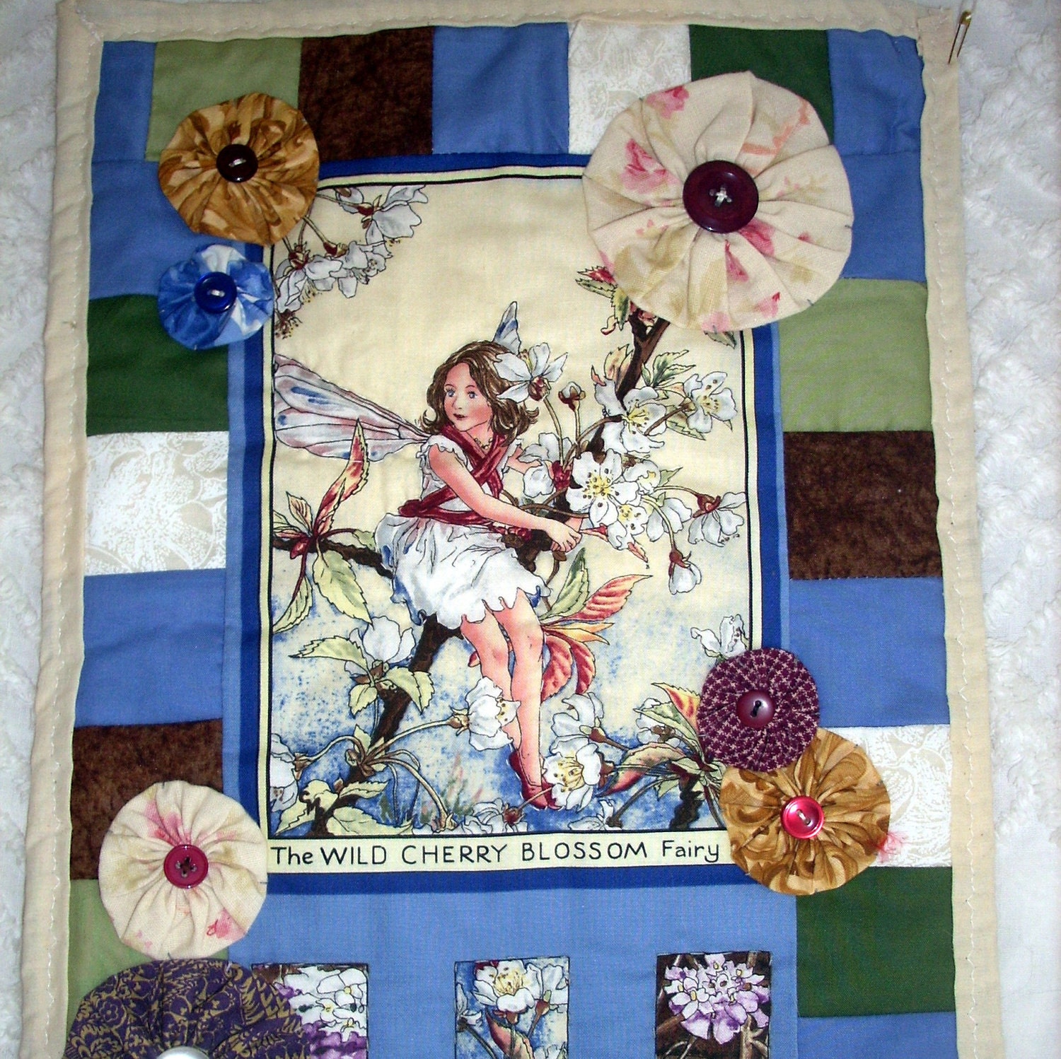Fairy Quilt Handmade Cicely Mary Barker Wild Cherry Blossom Fabric Mini Wall Hanging Flower Fairies Periwinkle Sage Green Cream Buttons