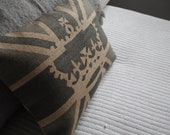 hand printed hessian greys crown and union jack flag cushion