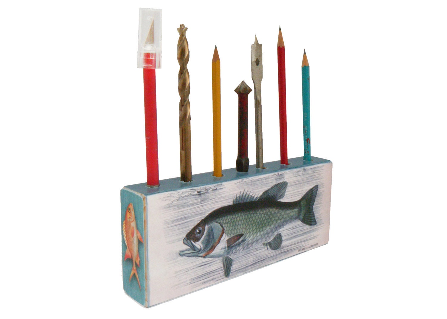 Fishing Theme Pen Pencil tool Holder Office Organizer - Rustic Desk Caddy - Grystes Salmoides - Fathers Day Gift