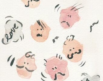 I love my mustache art  Print of original ink and watercolor illustration, Movember,  Geek, fathers day , for men, whimsy, limited edition,