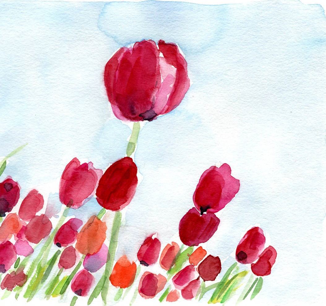 Tulip Field no. 2 original watercolor painting, colorful, mothers day, cottage chic, Fuchsia, red orange, sky blue, spring