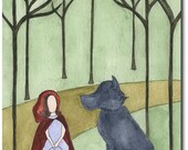 Red Riding Hood And The Wolf Whimsical 5x7 Picture, Children Giclee Art Print, Fairy Tale