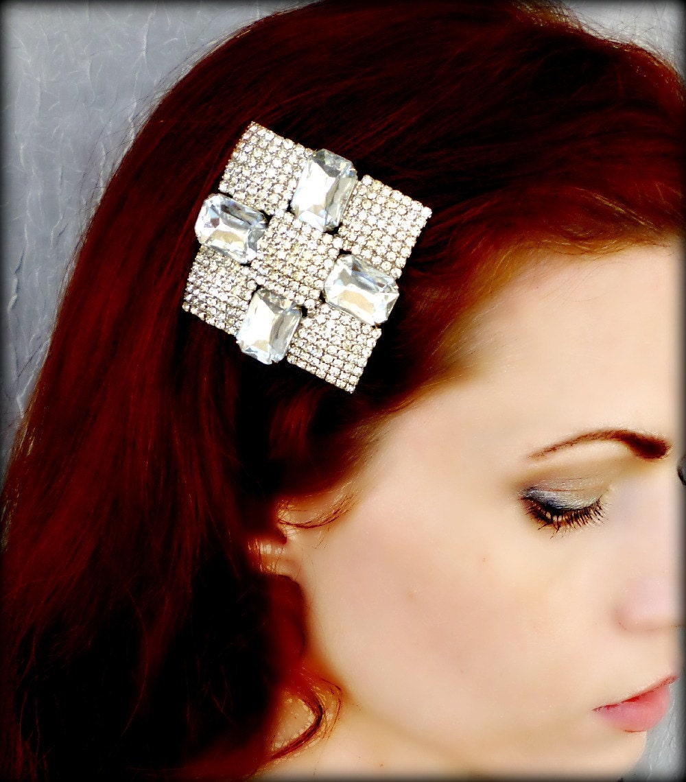 Vintage Bridal Headpiece - Art Deco Rhinestone Hair Clip Pin - Silver Crystal Jeweled