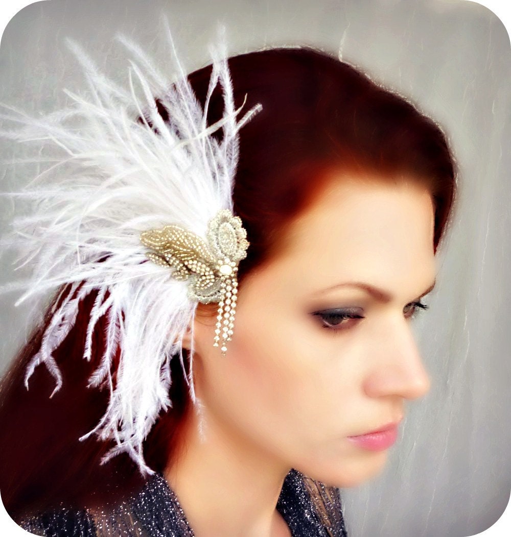Great Gatsby - Feather Bridal Headpiece - Art Deco Vintage Rhinestone Leaf Headdress - Ostrich Fascinator