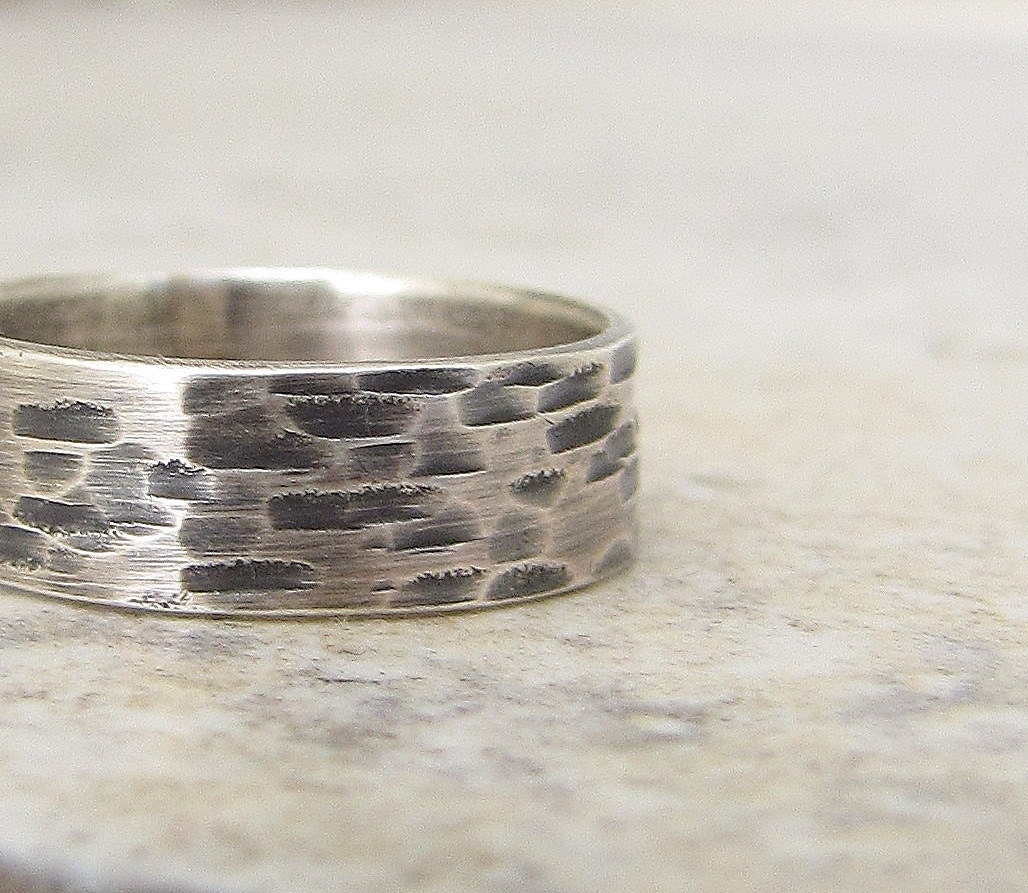 Bark Wedding Band Silver Wedding Ring Hammered Rustic Woodgrain Band