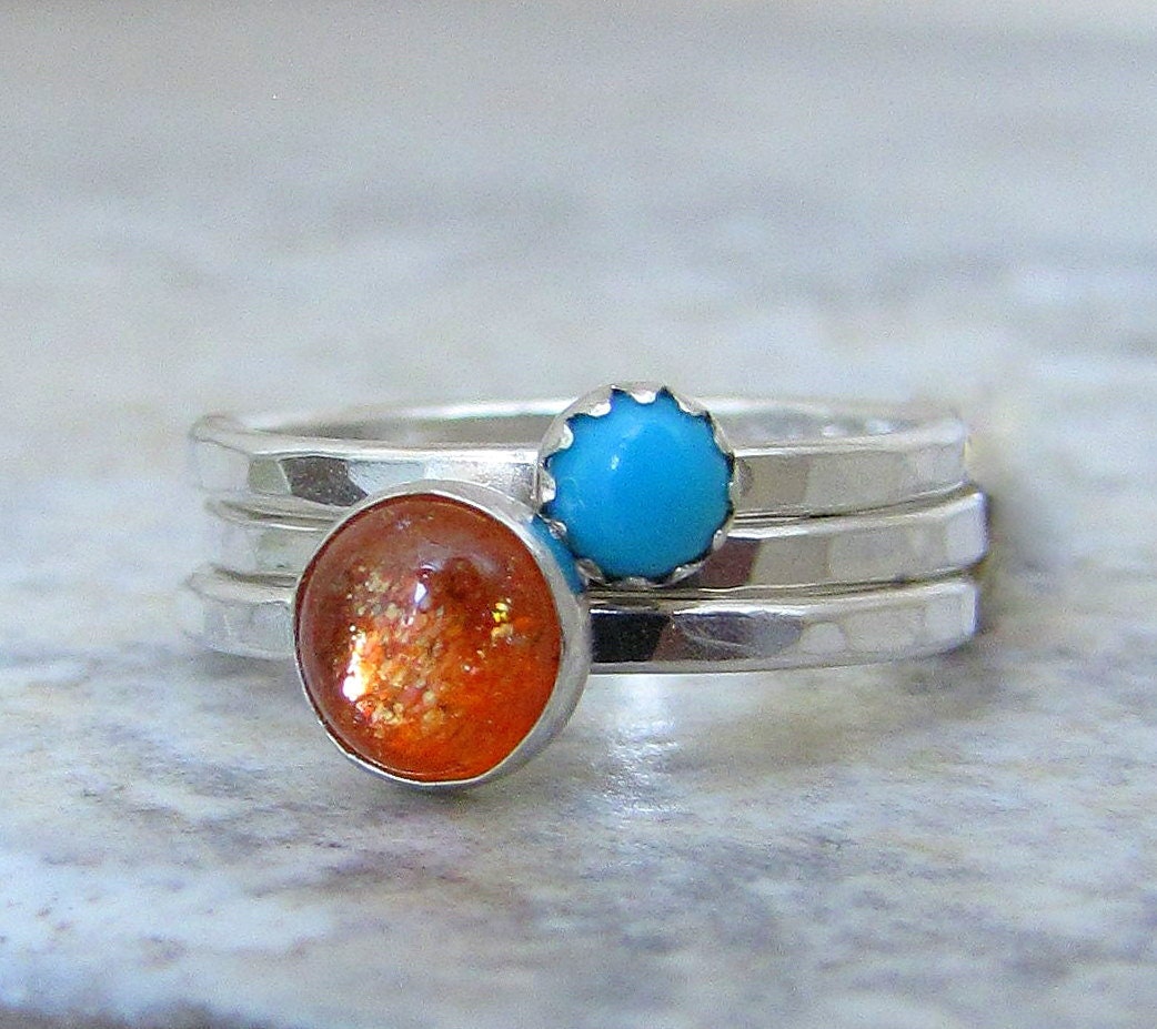 Sunstone Turquoise Ring Silver Stacking Ring Set Hammered Stacking Rings-Tangerine Tango Cockatoo
