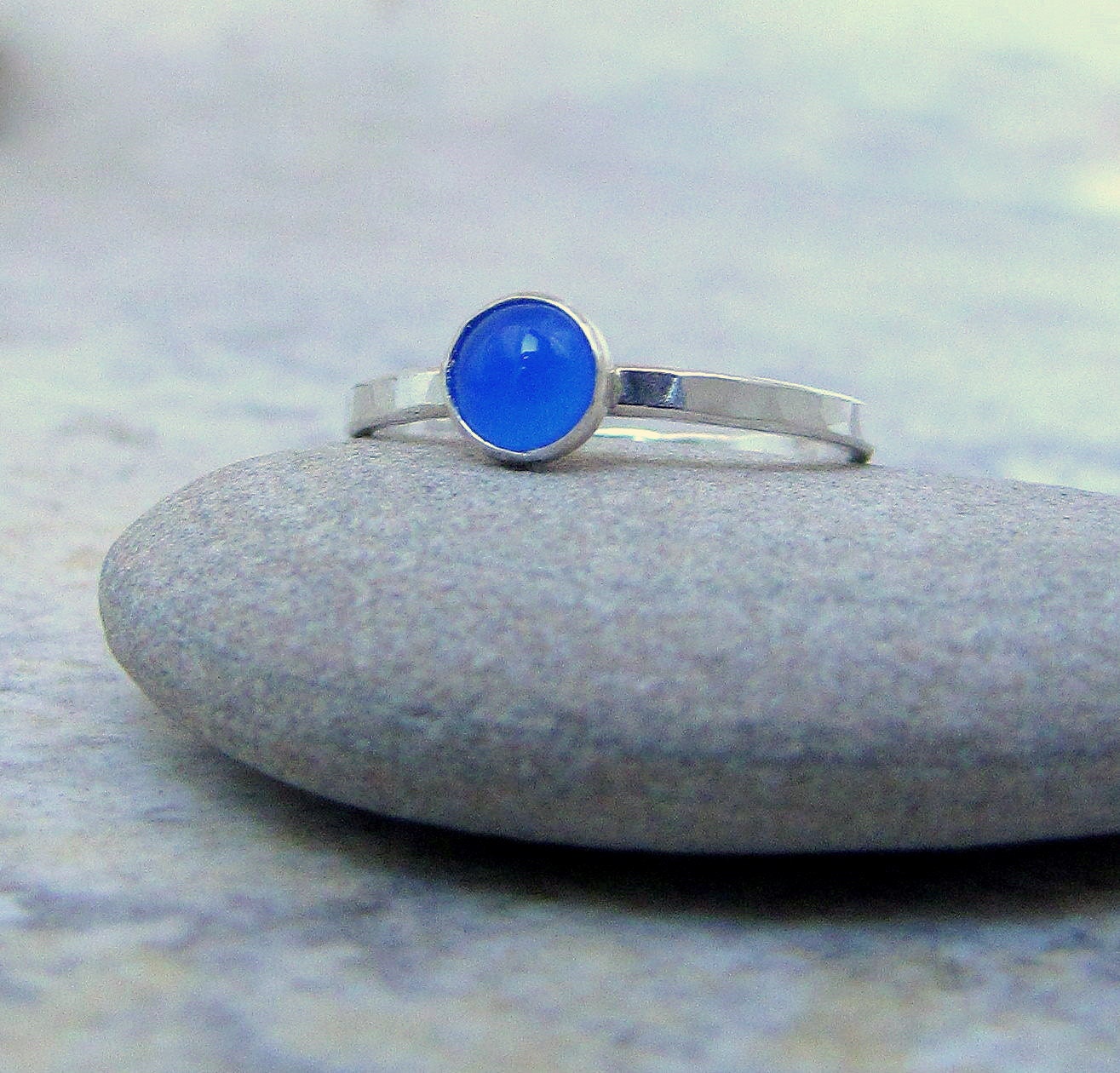 Opal Stacking Rings Blue Chalcedony Ring Set Birthstone Rings Mothers Rings Gemstone Stacking Rings-Sky Dreams