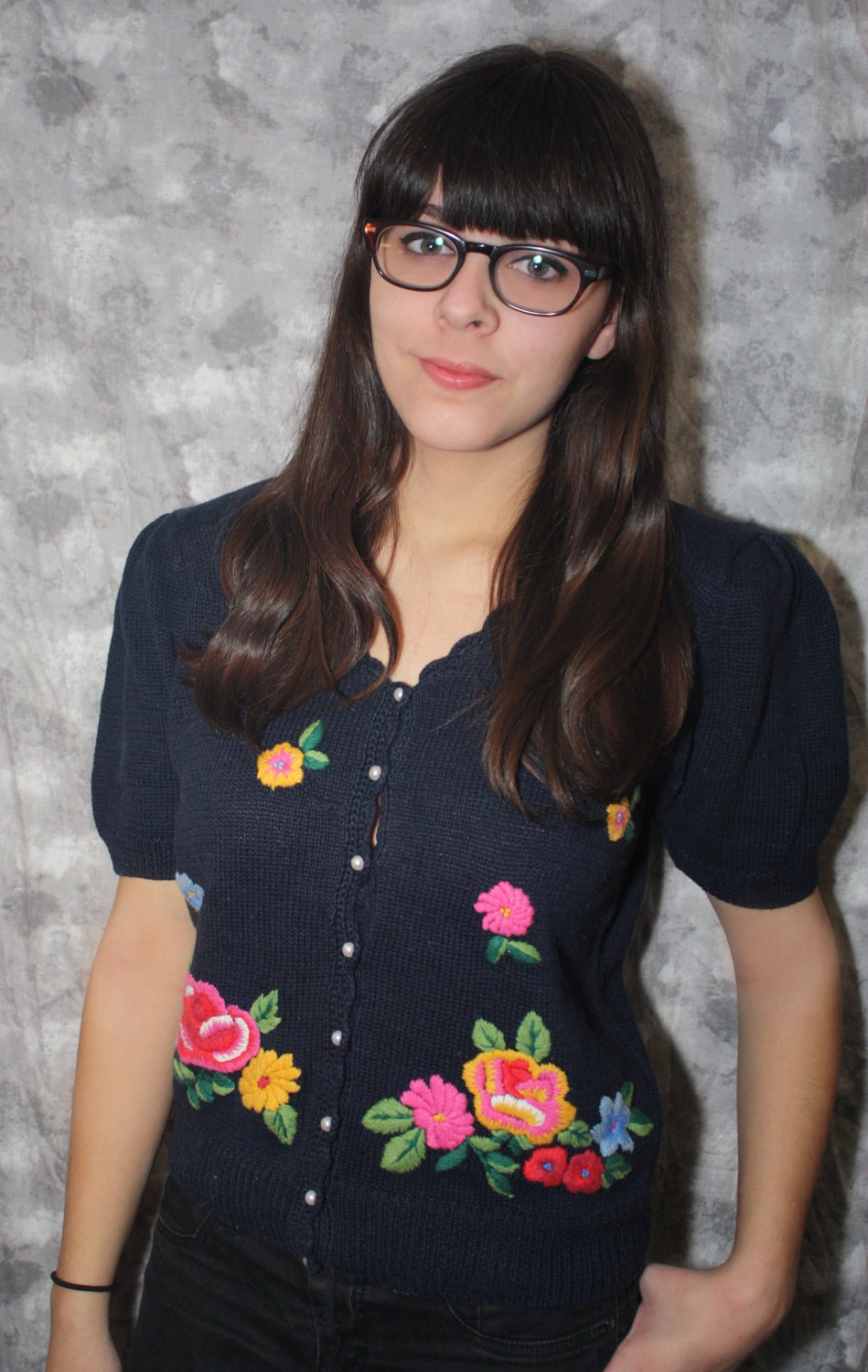 vintage navy blue floral embroidered sweater with scalloped edges and pearl buttons