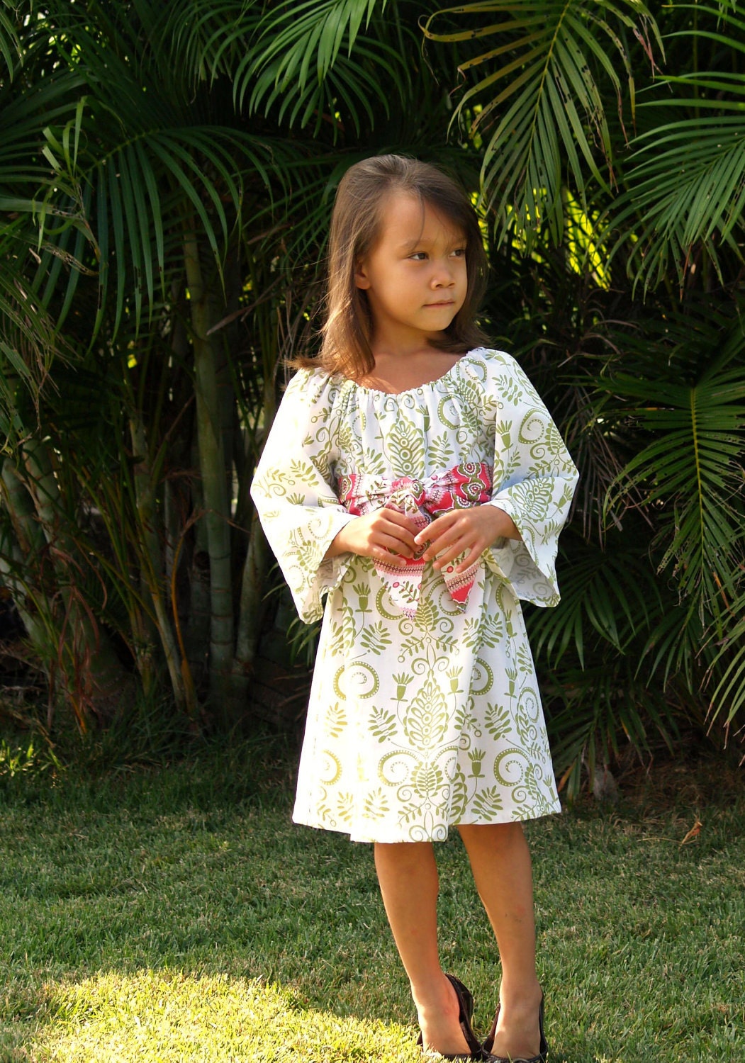Girls Tunic Dress Green White Tonal 6mos to 12
