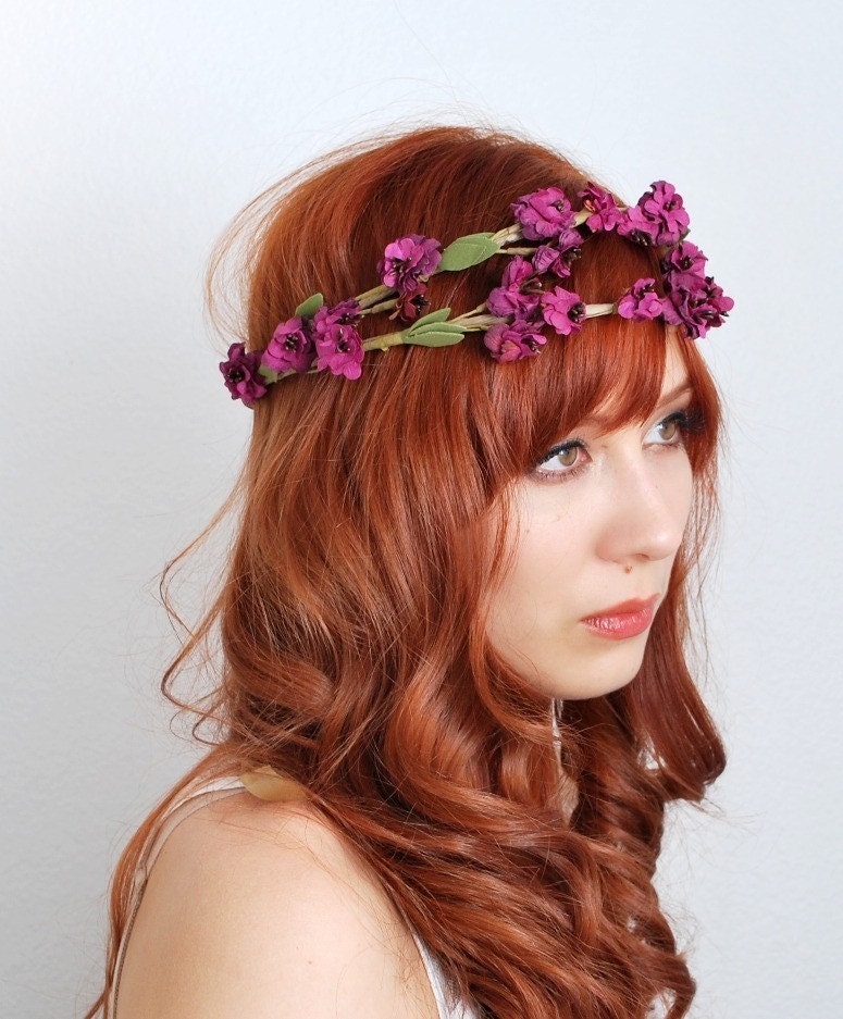 Woodland flower crown, plum floral wreath, purple flower hair accessory, bridal hair band - Erianthe