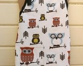 Owl student apron in blue, brown, rust & lime