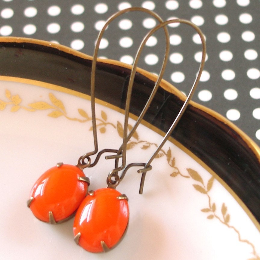 Vintage Tangerine Orange Milk Glass Rhinestone Earrings Retro Citrus Sixties Pin Up Mod Style