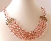 Vintage Rose Pink Czech Glass Four Strand Necklace with Art Deco Connectors