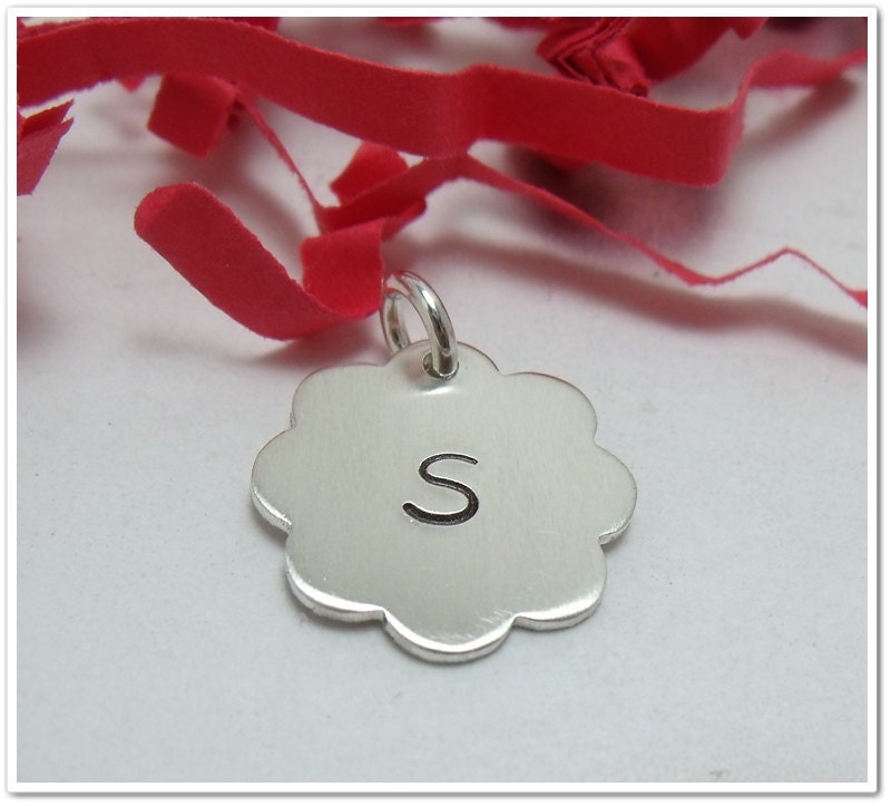 Hand Stamped Charm - Sterling Silver Scalloped Edge Flower 3/4 inch Disc - Personalized