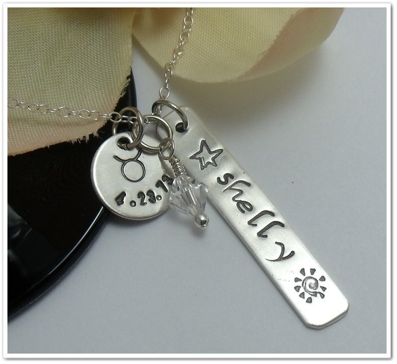 SALE -Hand Stamped Name Tag and Charm Necklace - Zodiac - Whats Your Sign