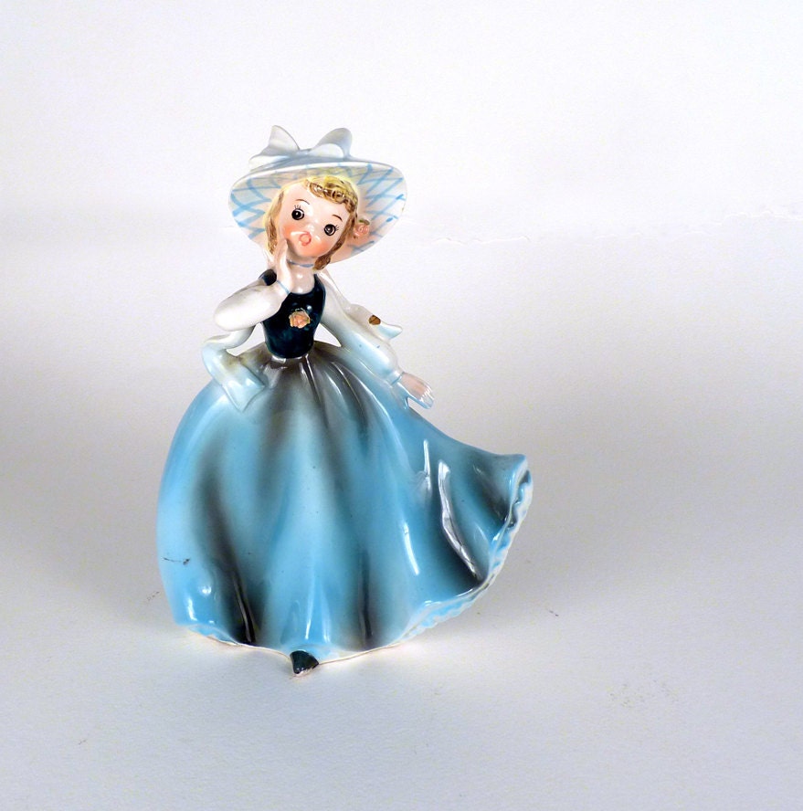 Vintage Porcelain Figurine Doll - Large Spring Hat, Full Skirt Dress - 1960s - Country Girl, Blue, White, Home Decor - Collectible - 8 x 5