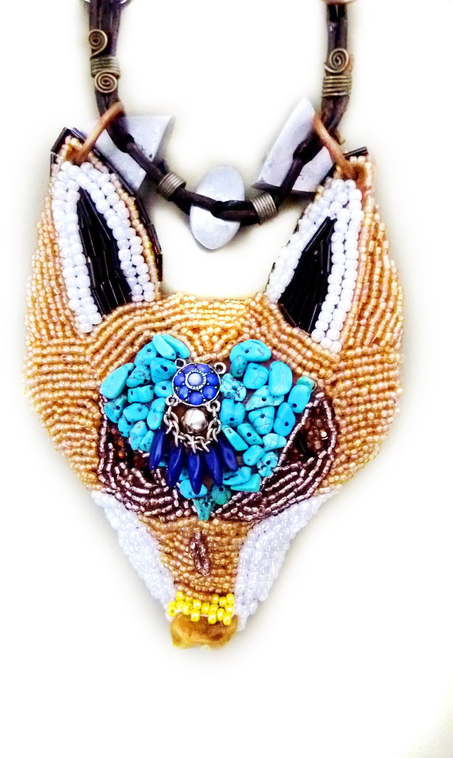 more then 15% OFF  on a OOAK Bead Embroidered Statement FOX Pendant Necklace -was 220
