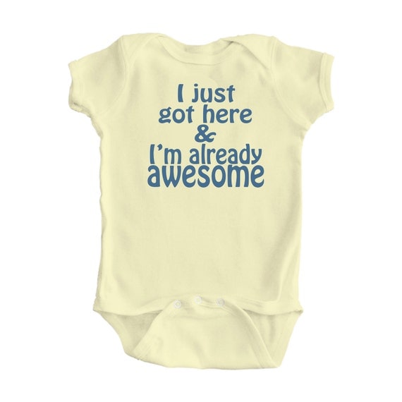 Adorable Baby "I'm Already Awesome" One Piece Bodysuit in White or Banana Yellow