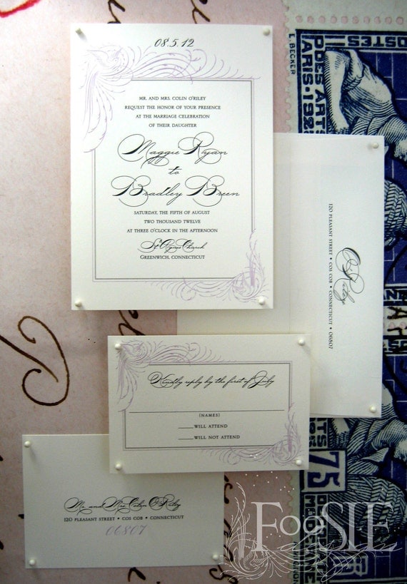 Wedding Invitation - Vintage Bird, Script, Purple, Eco Friendly / Sample No. 6