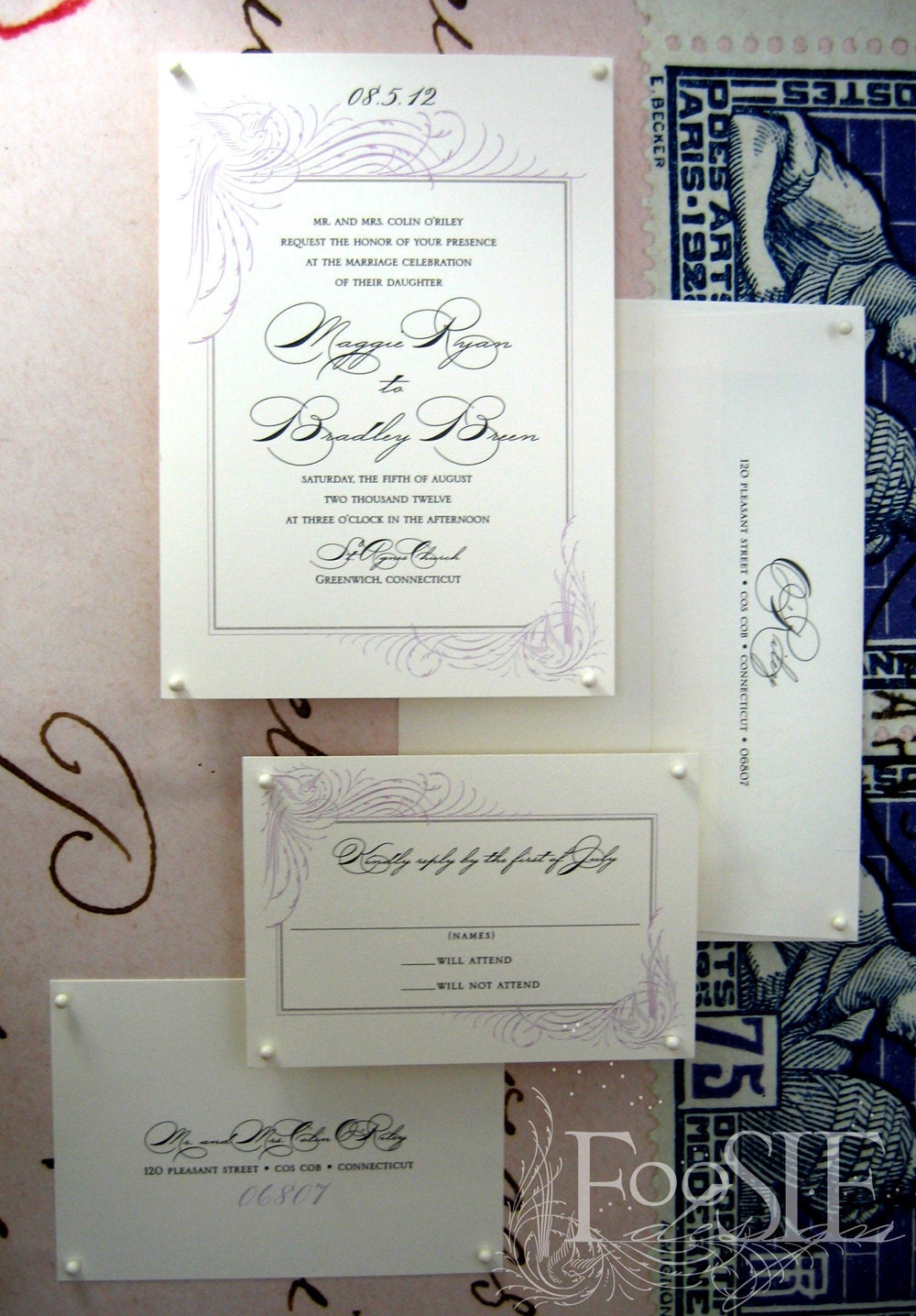 Wedding Invitation - Vintage Bird, Script, Purple, Eco Friendly / Sample No. 6