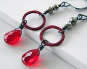 Red Pyrite Sterling Silver Earrings Red Patina Copper Circle Link Glass Teardrop Long Dangle Artisan Jewelry