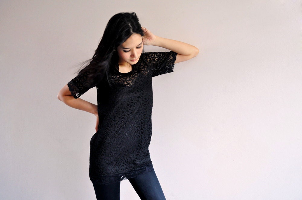 Black Tank Top Lace Tunic Short Sleeve Tshirt Sheer Petite Blouse See Through XS 2 Etsy Spring Fashion Gift