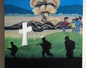 Peace painting (war protest) Layers of war & peace, death, life, mushroom cloud, headstones, crosses,  nuclear bomb