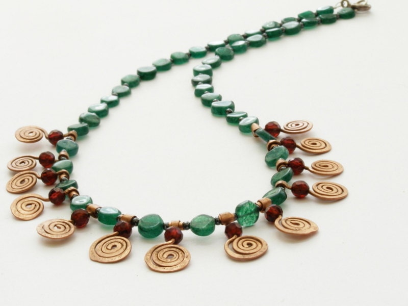 Green aventurine and red wine garnet with copper spirals handmade in Israel MADE TO ORDER