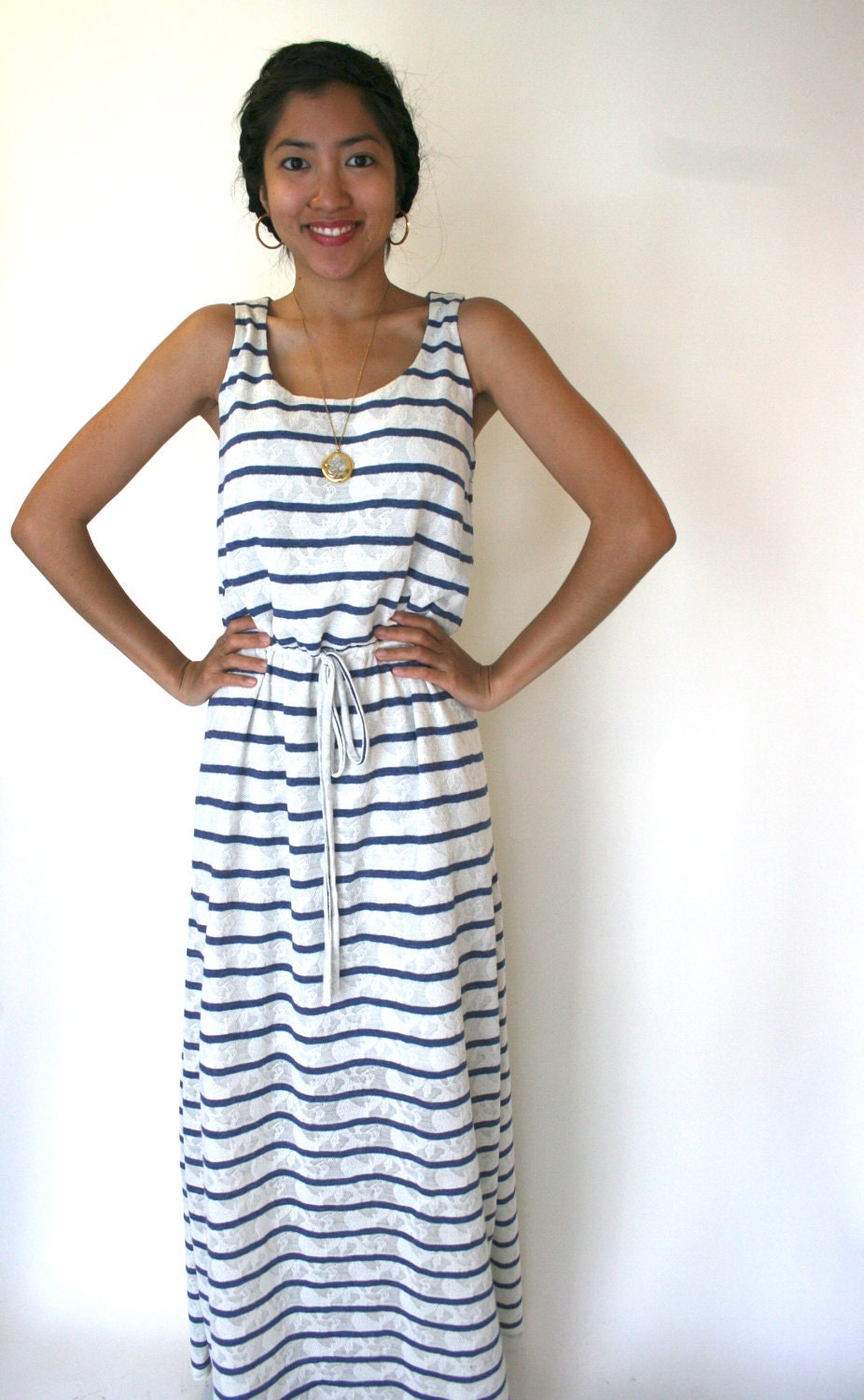 SALE - Striped Maxi Dress in Cotton Knit, Jersey, Drawstring Waist, Nautical, Beach, Preppy, Summer Womens Dress - SOPHIA