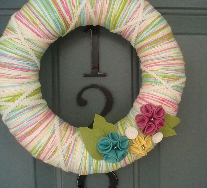Yarn Wreath Felt Handmade Door Decoration - Candy Mix 12in