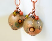 Green Earth Earrings - modern art accessory with stylish olive and bronze wood beads, shimmery goldstone, crystals & twisted copper chain