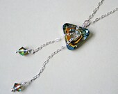 Cosmic Triangle Pendant with a chameleon olive green charm, iridescent swarovski crystals and shimmery sterling silver chain, alluring charm