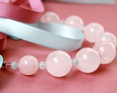 Cotton Candy Necklace with large rose quartz, sky blue glass beads with light blue and mauve pink satin ribbons, fresh spring and summer acc