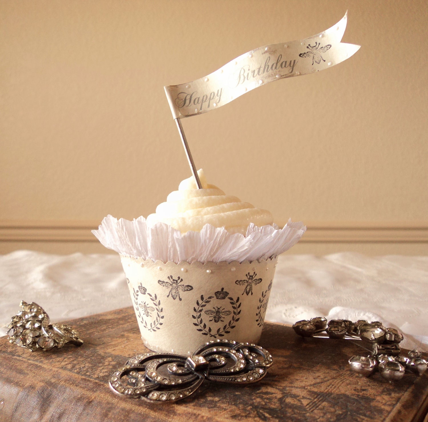 Birthday Royale. Twelve Cupcake Toppers with French Bees