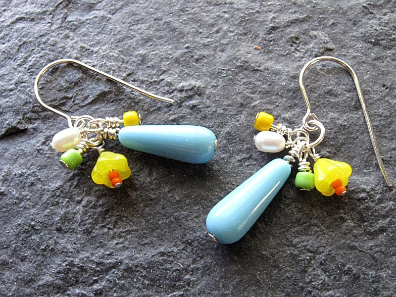 sterling silver earrings, turquoise glass with flowers and freshwater pearls: summer jewelry, garden party, beach