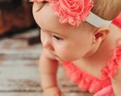 Shabby and Chic Frayed Coral Peach Fabric Rose Flowers on a White Fold Over Elastic Headband