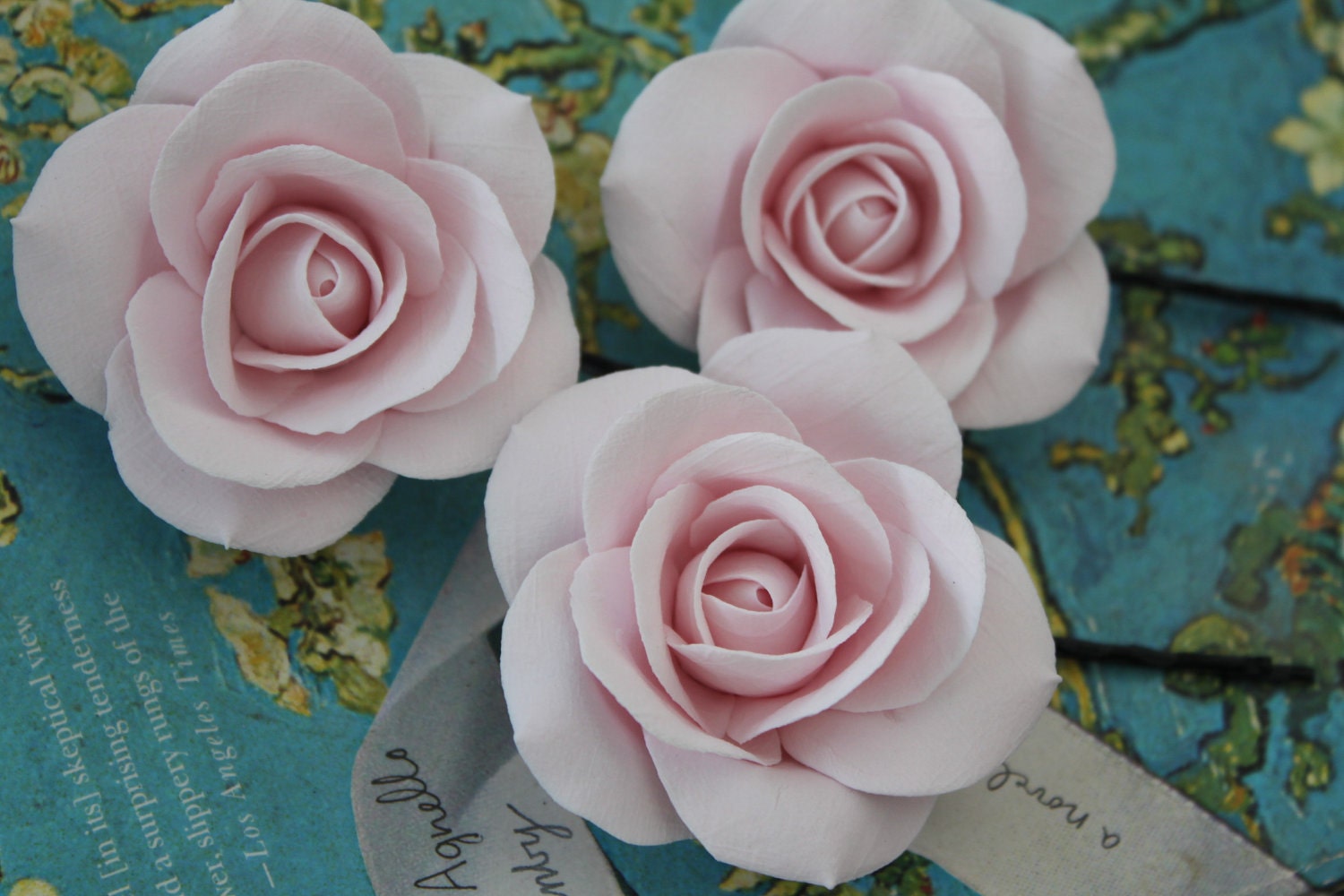 Set of 3 powder pink roses 2"
